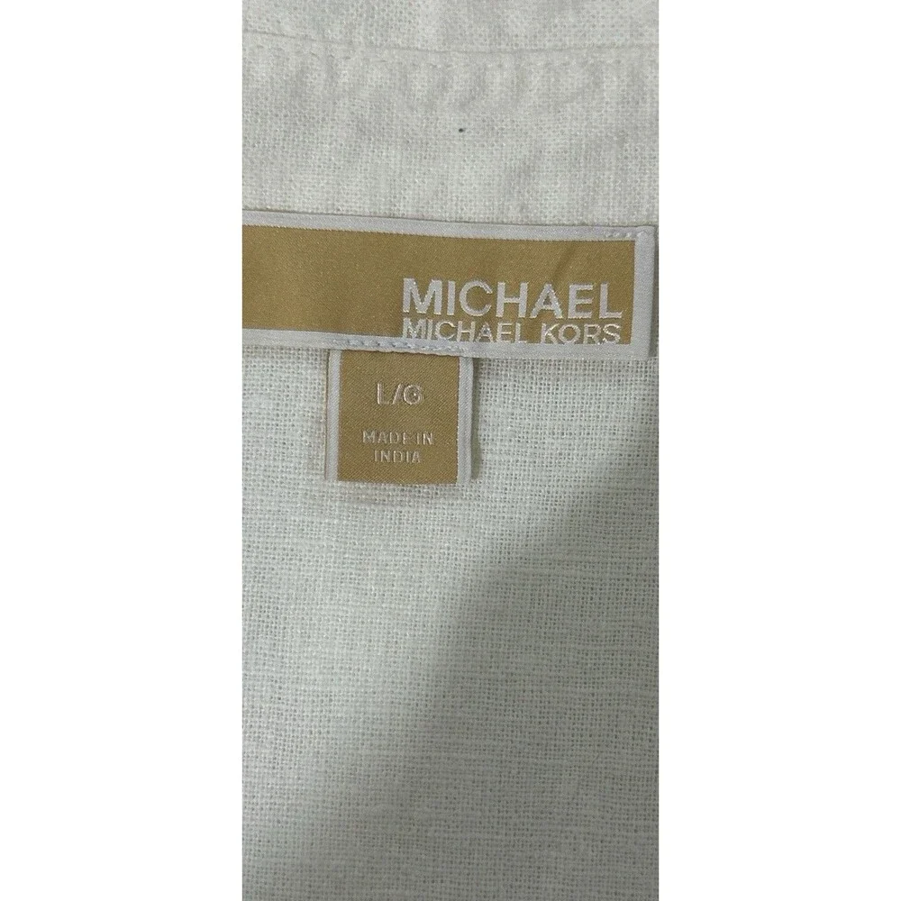 Michael Kors Womens Sz Large Top White Linen Blend Button-Up Long Sleeve